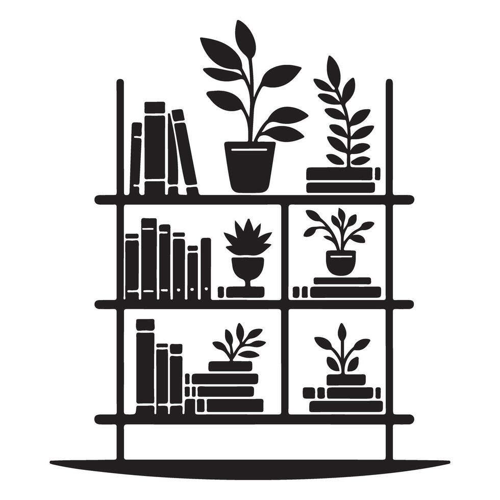 Minimalist Bookshelf Illustration with Plants and Books for Home Decor vector