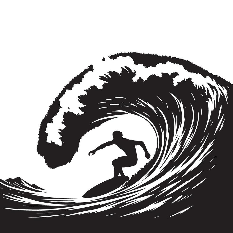 Surfer Silhouette Riding Wave Adventure Illustration Perfect for Surf Enthusiasts vector