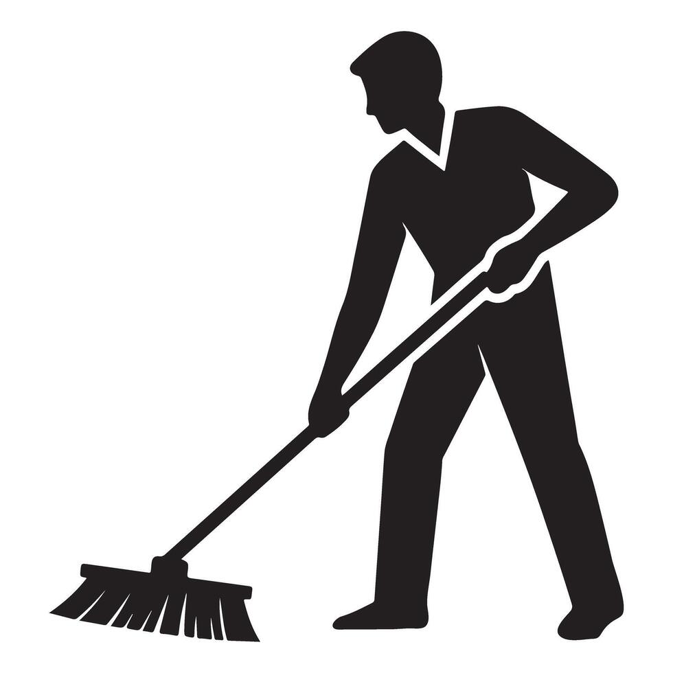 Silhouette Man sweeping the floor Cleaning Service Illustration vector
