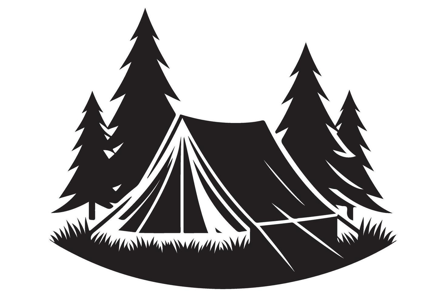 Camping Tent Silhouette Surrounded by Pine Trees Adventure Graphic vector