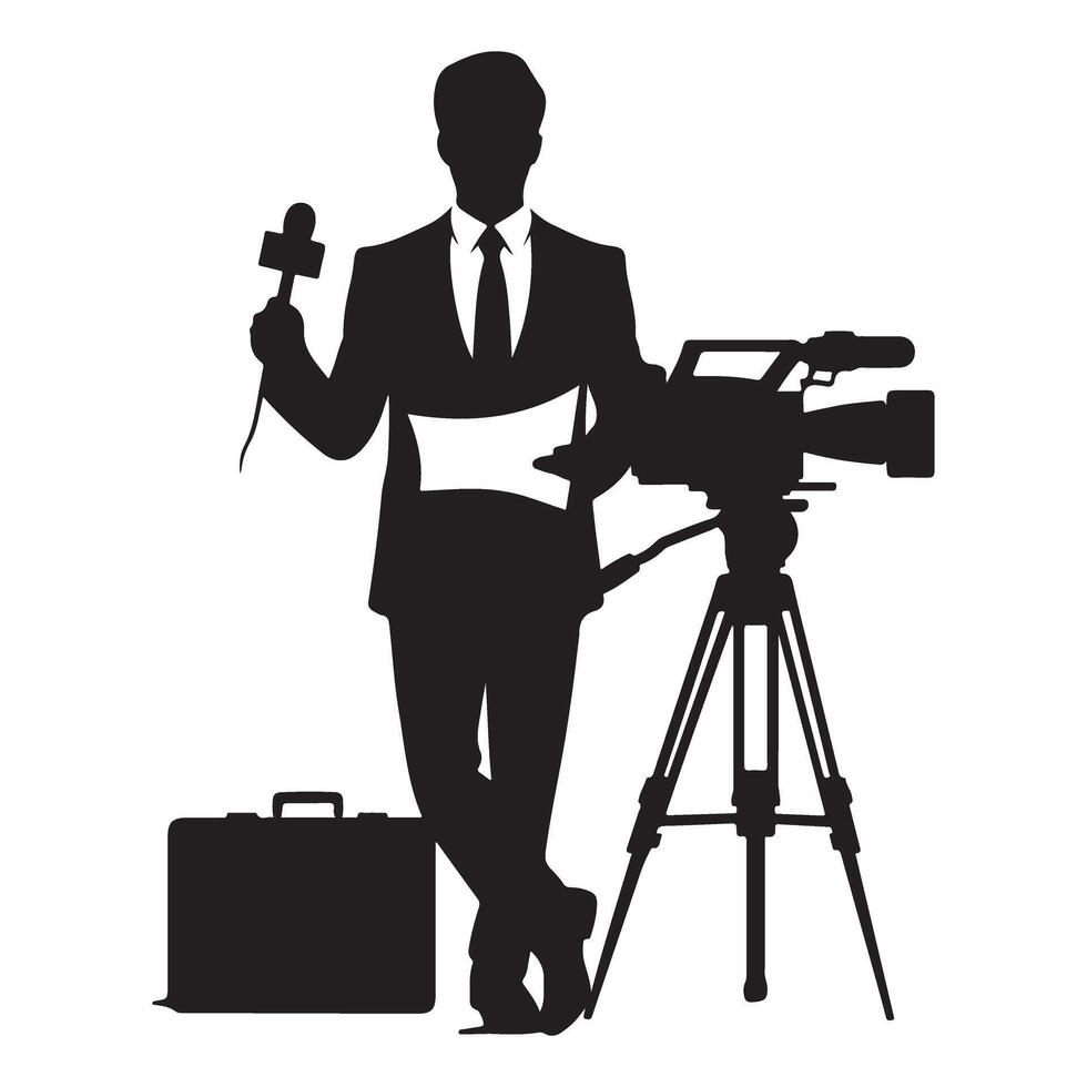 Reporter Silhouette Image with Camera and Microphone Presentation vector