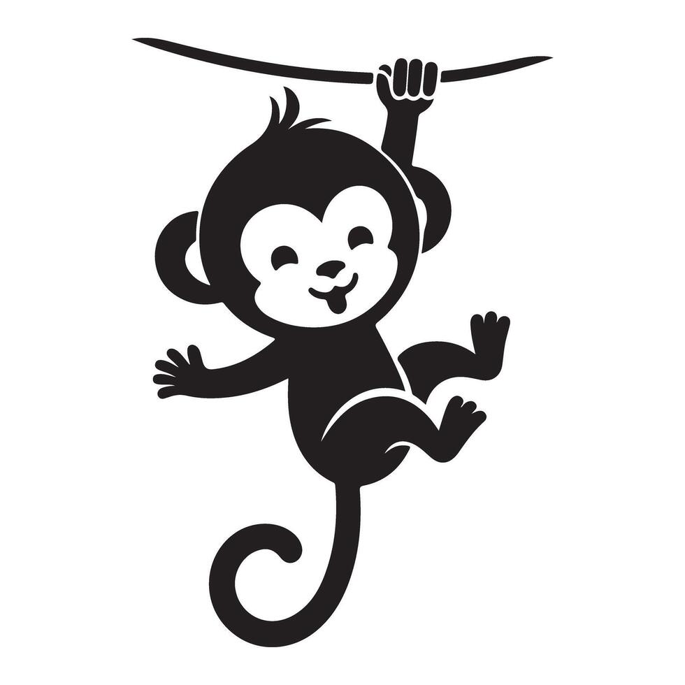 Playful Monkey Silhouette Hanging from Vine Graphic Design vector