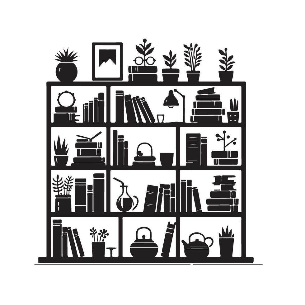 Full Bookshelf Silhouette with Books and Plants Illustration vector