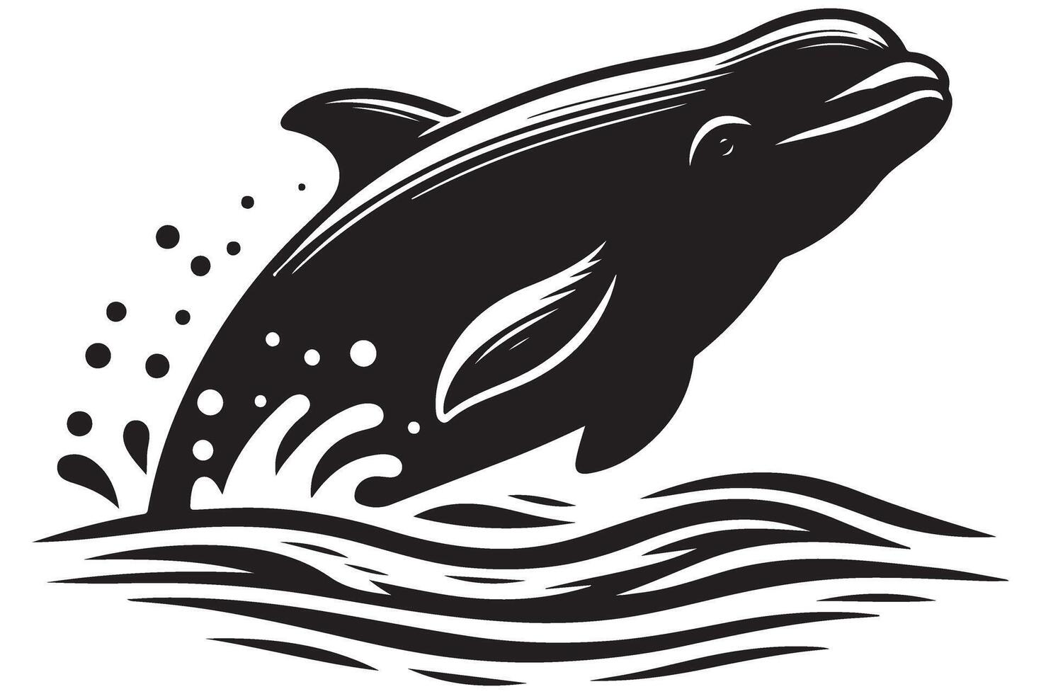 Leaping Dolphin Silhouette Illustration Over Water Waves Design vector