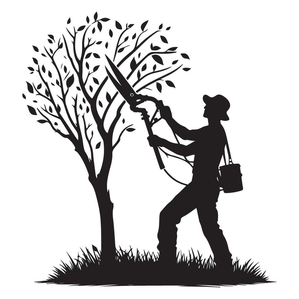 Gardener Trimming Tree Silhouette Landscaping Yardwork Maintenance Service vector