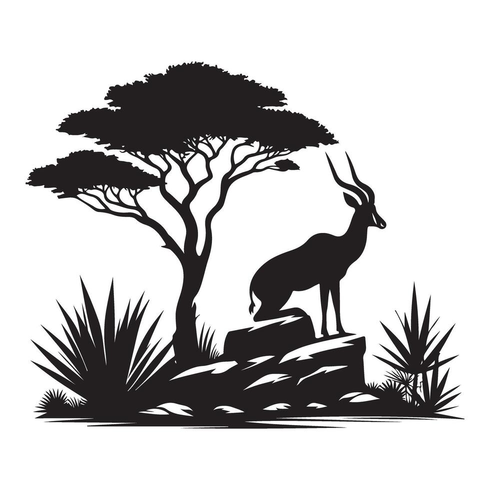 African Wildlife Silhouette Illustration Impala Standing under Tree Design vector