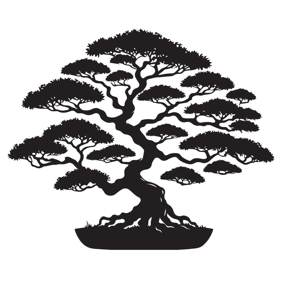 Detailed Bonsai Tree Silhouette Illustration for Zen Garden Aesthetics vector