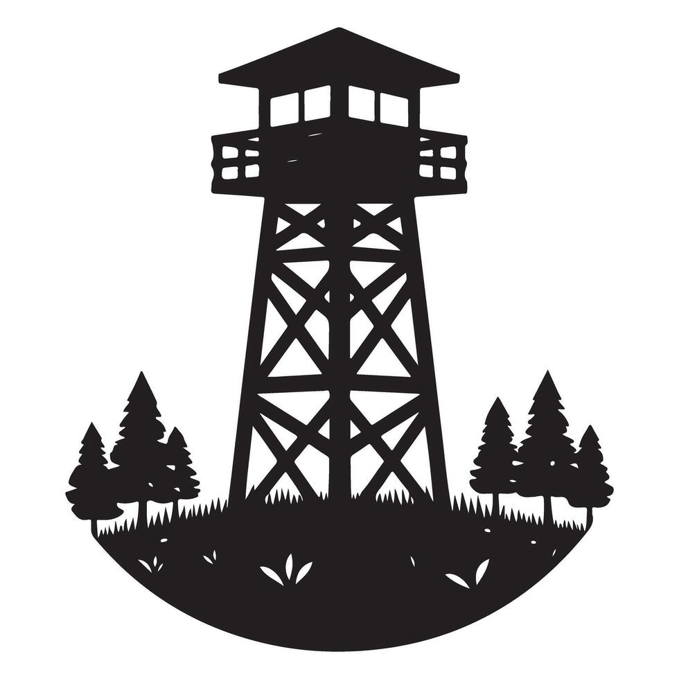 Silhouette fire lookout tower on hilltop with trees graphic vector