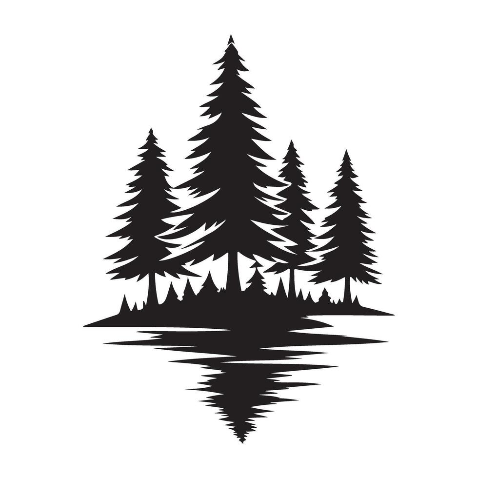 Stunning Forest Landscape Silhouette with Lake Reflection Illustration vector