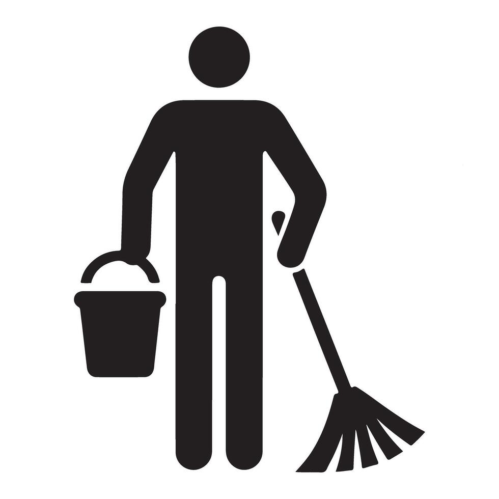 Cleaning Service Person Silhouette Illustration with Bucket and Broom vector