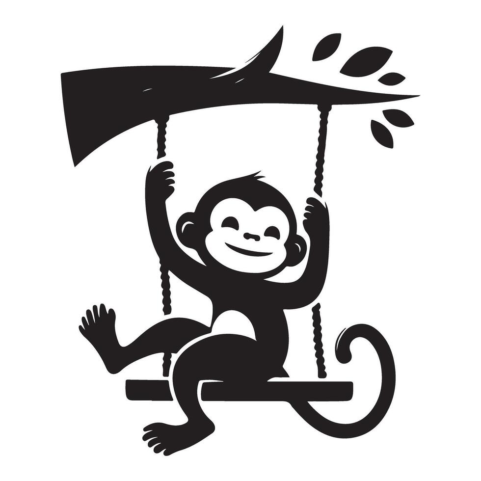 Playful Monkey Silhouette Illustration Swinging from a Tree vector