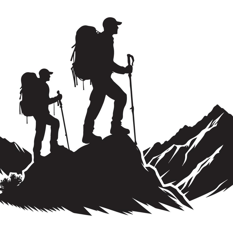 Hikers Silhouette Conquering Mountain Peak Adventure Outdoor Graphic vector