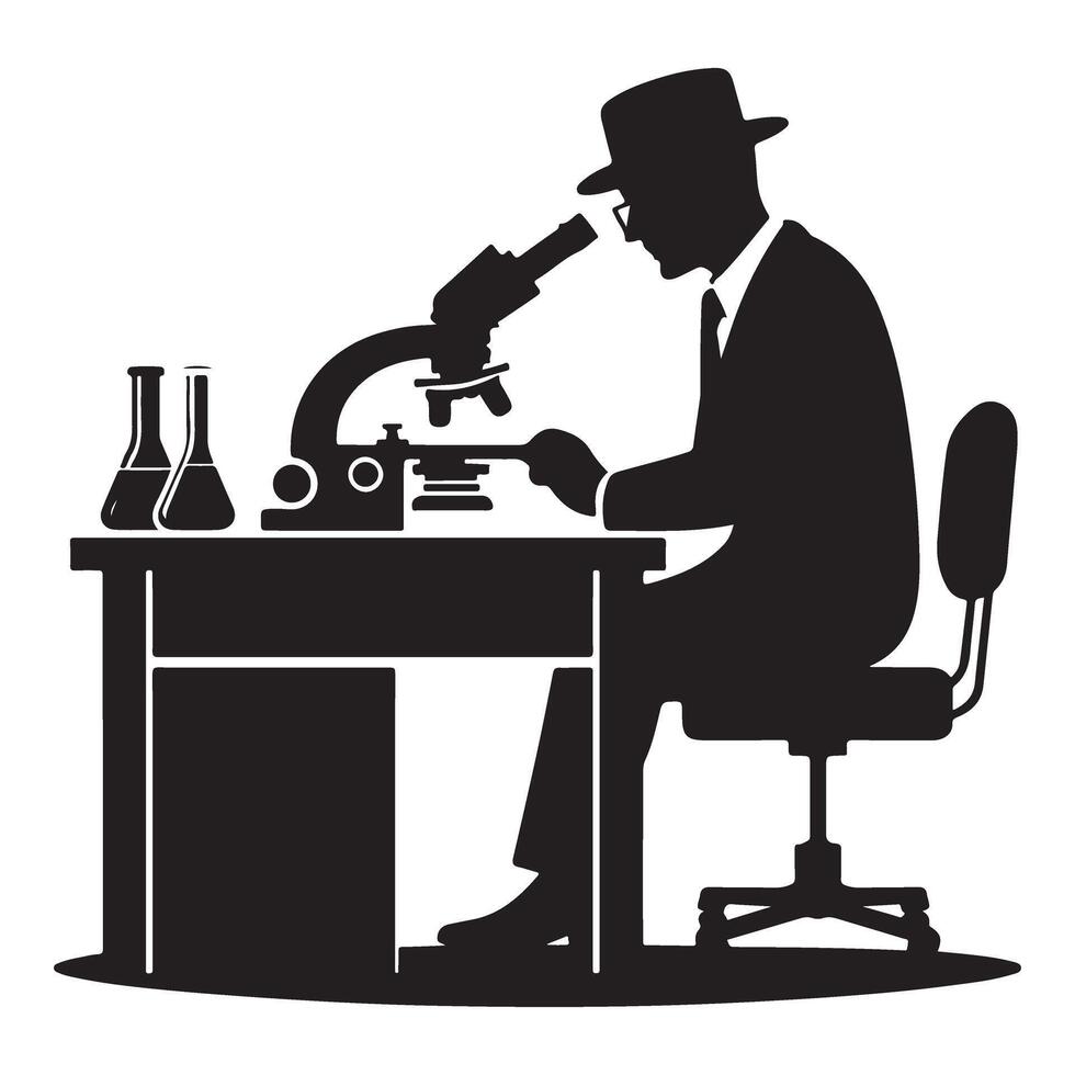 Scientist Silhouette Illustration Analyzing Sample in Lab with Microscope vector