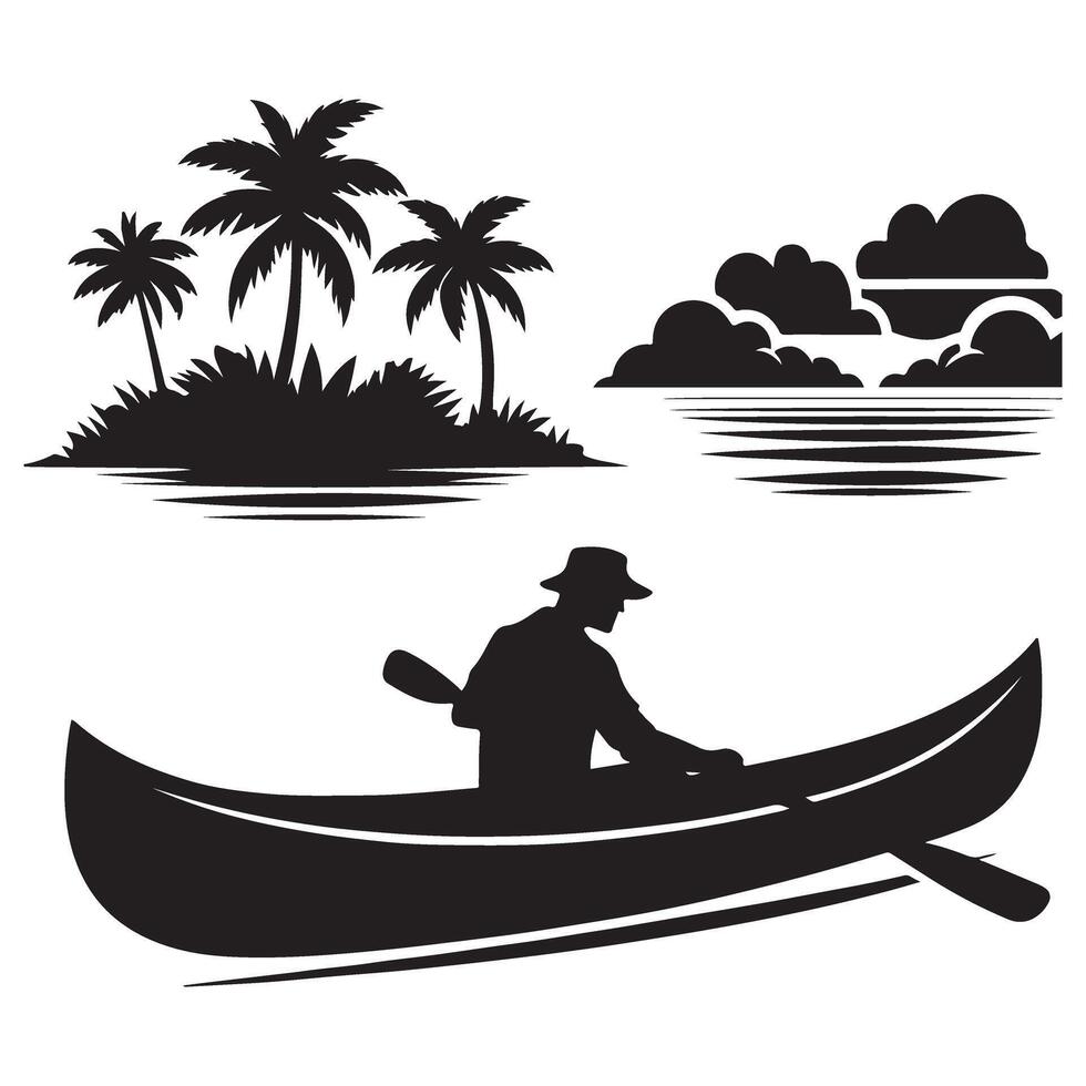 Canoeing Silhouette Tropical Island Paradise Waterscape Design vector