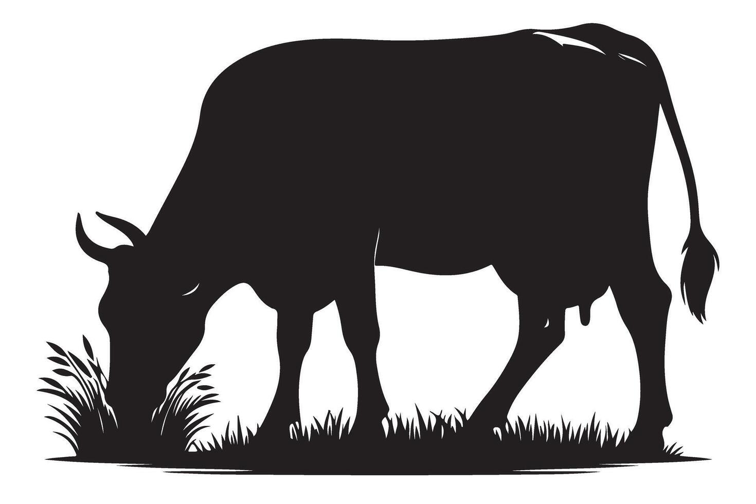Black Cow Silhouette Eating Grass Illustration for Your Design vector
