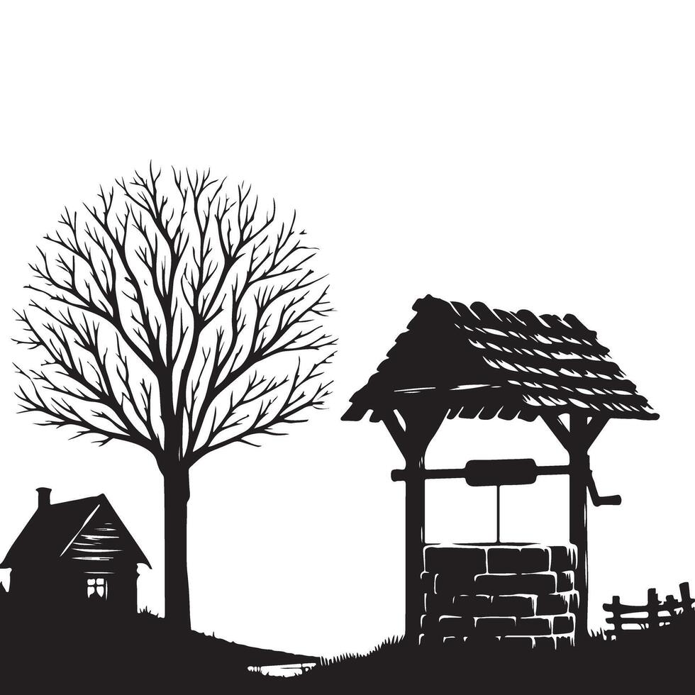 Silhouette Rustic Well Village Scene Illustration Design Template vector