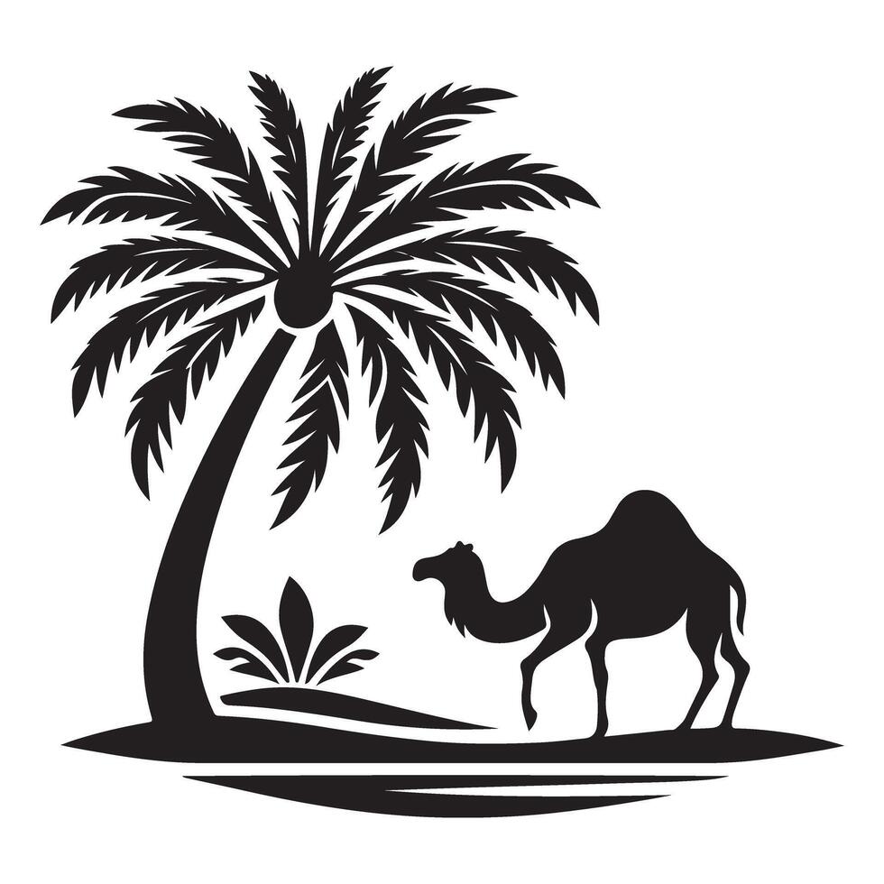 Peaceful Desert Oasis Illustration with a Camel and Palm Tree vector