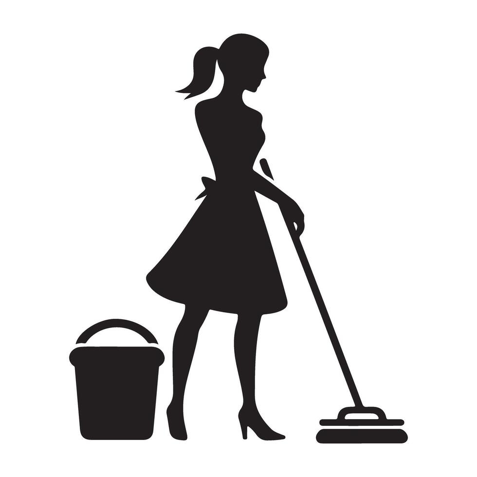 Home Cleaning Lady Silhouette Illustration Services Mop and Bucket vector