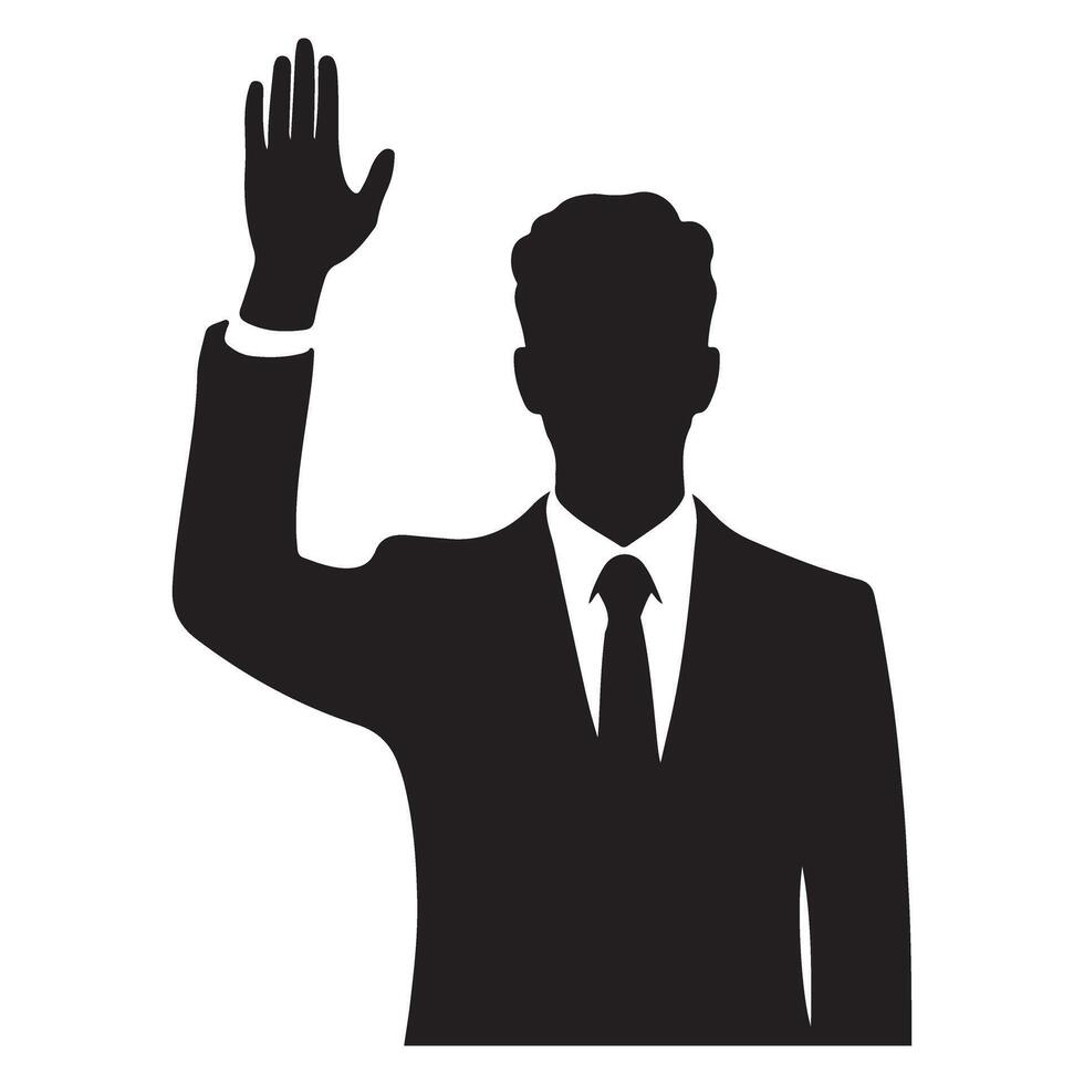 Silhouette of businessman with raised hand taking oath offering help vector