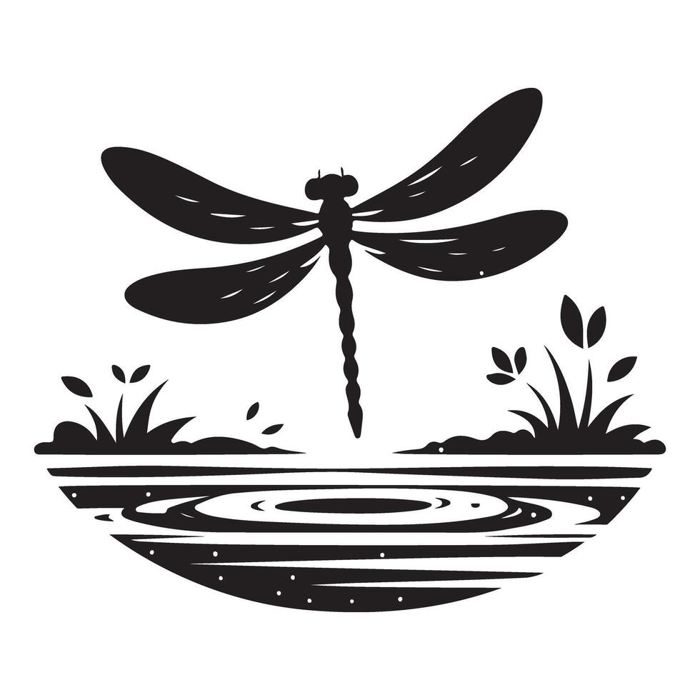 Dragonfly Silhouette Illustration Over Water and Plants Graphic vector