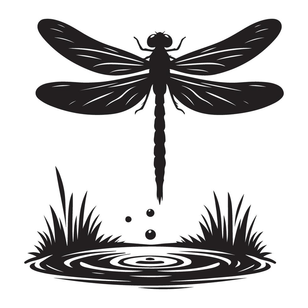 Silhouette of Dragonfly Landing on Water Illustration for Ecological Projects vector