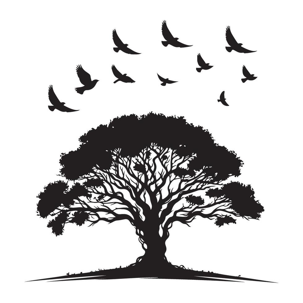 Majestic Tree with Birds in Flight Silhouette Illustration vector