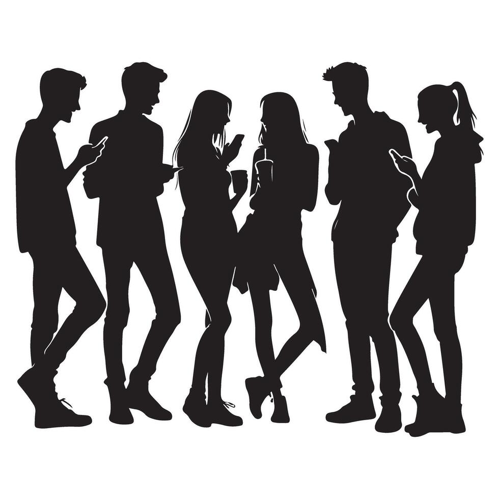 Group of Teenagers Silhouette Using Smartphones Illustration vector