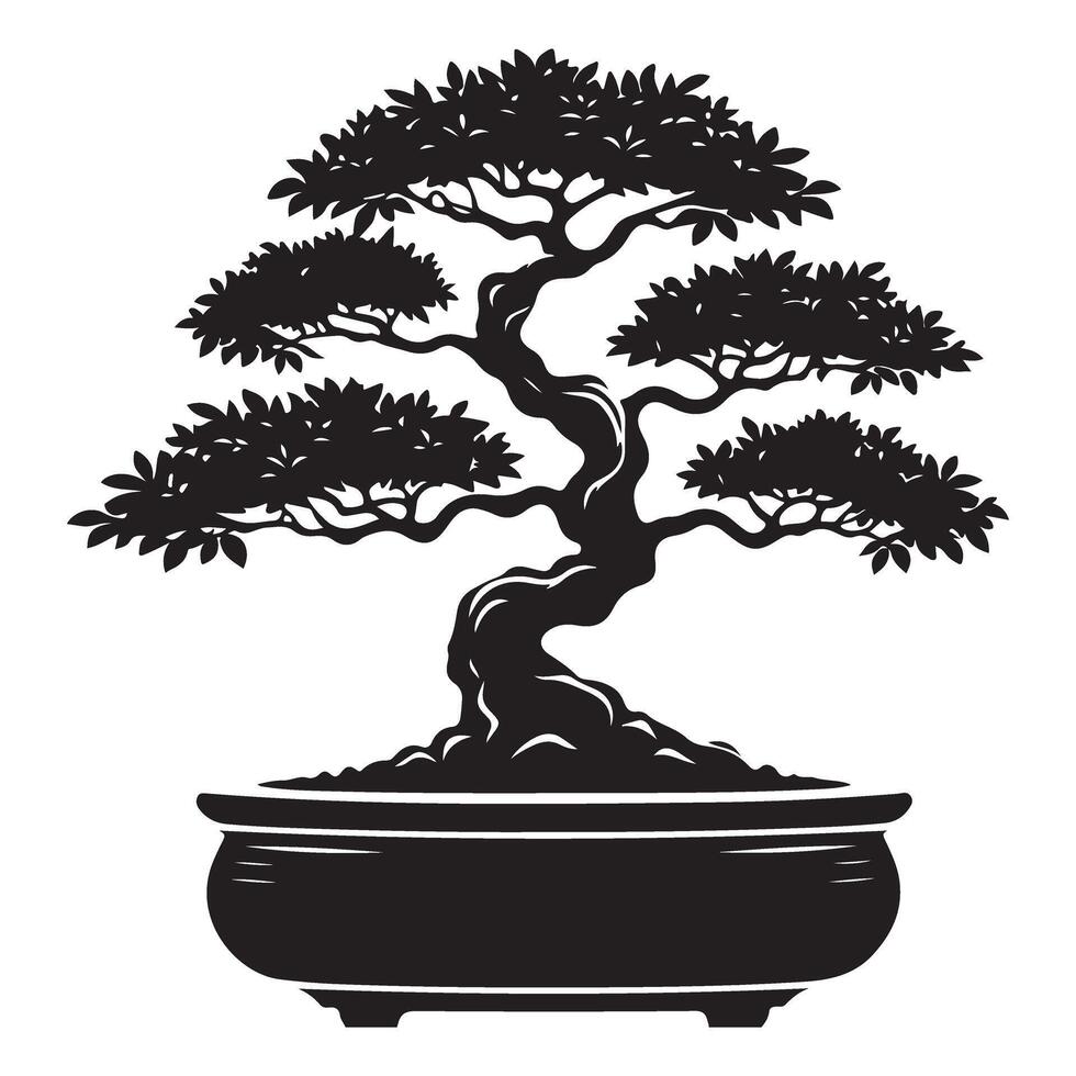 Silhouette of a Bonsai Tree in Pot for Zen Garden and Landscape Designs vector