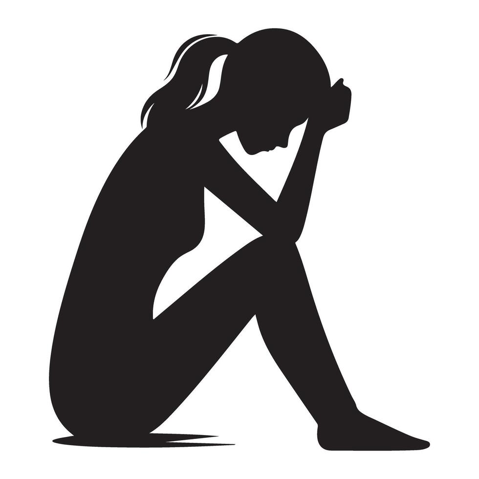 Sad Woman Silhouette Depressed Feeling Mental Health Illustration vector