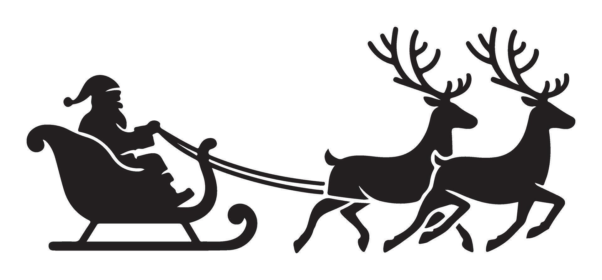 Santa Claus rides in a sleigh with his reindeers silhouette drawing vector