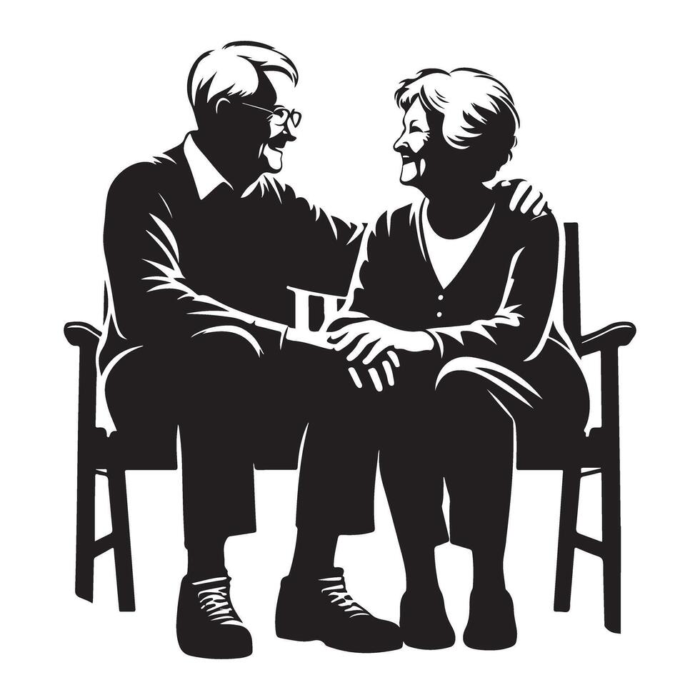 Silhouette affectionate elderly couple illustration sitting together vector