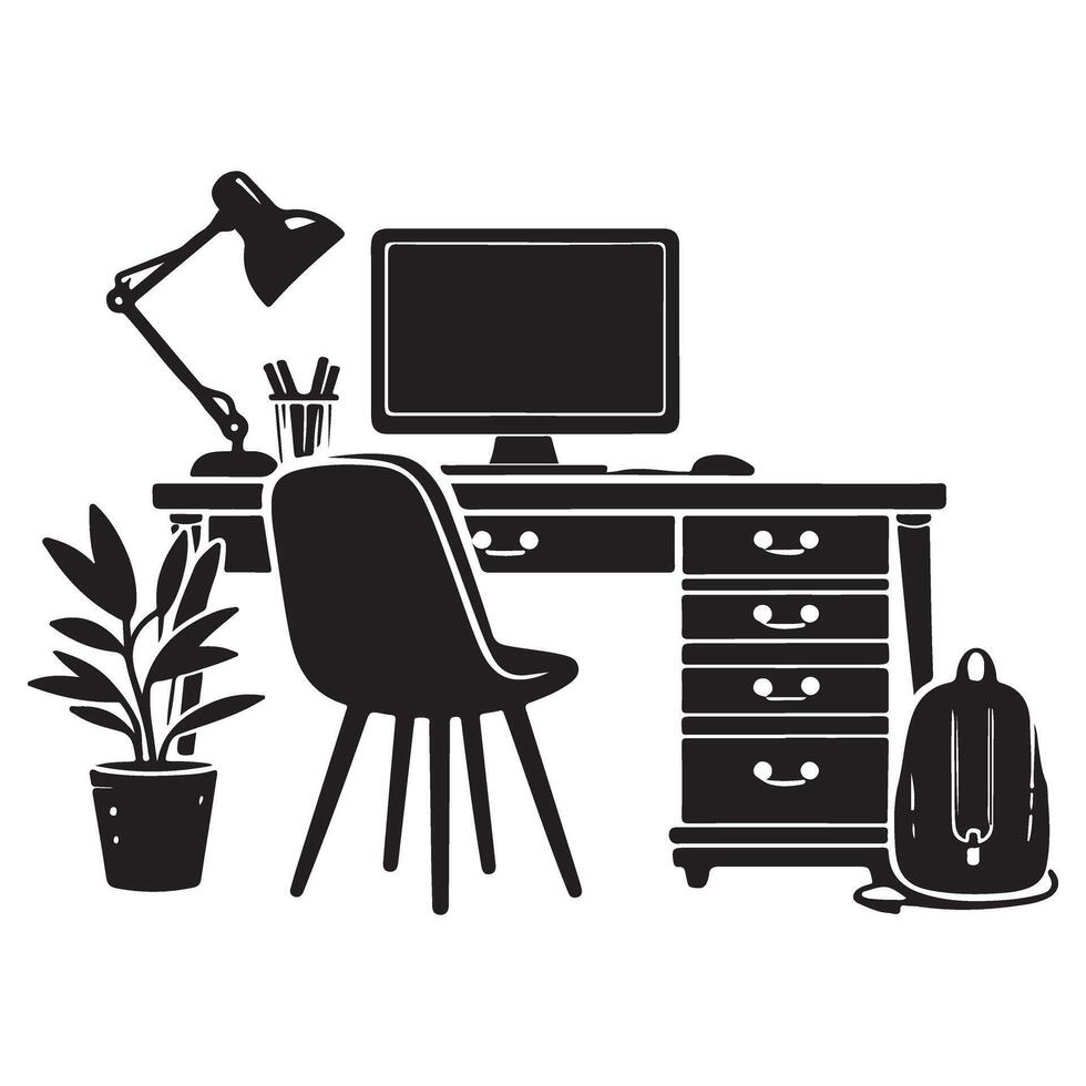 Silhouette of Home Office Setup with Desk and Computer Art vector