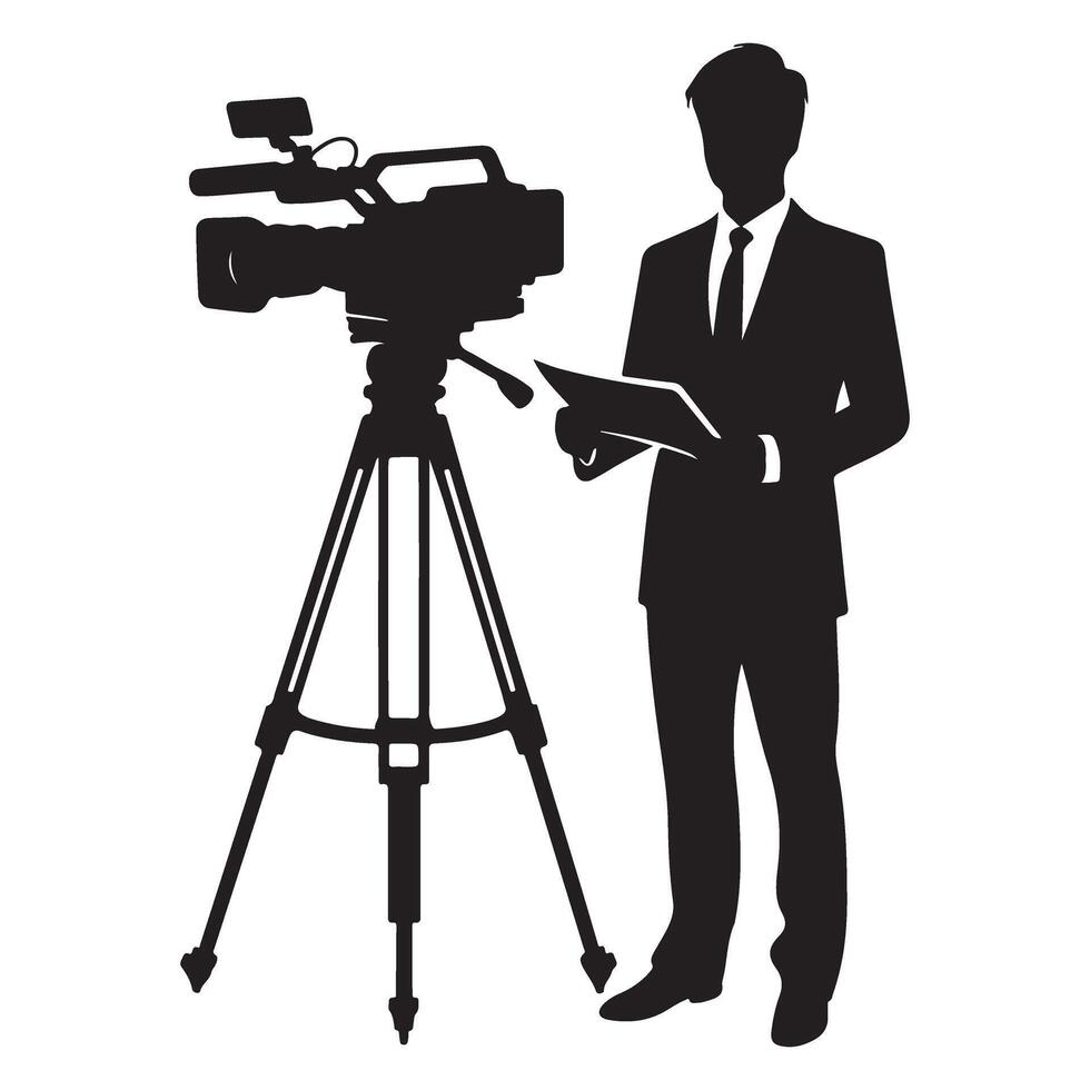 Silhouette News Reporter in Black and White Production Setup vector