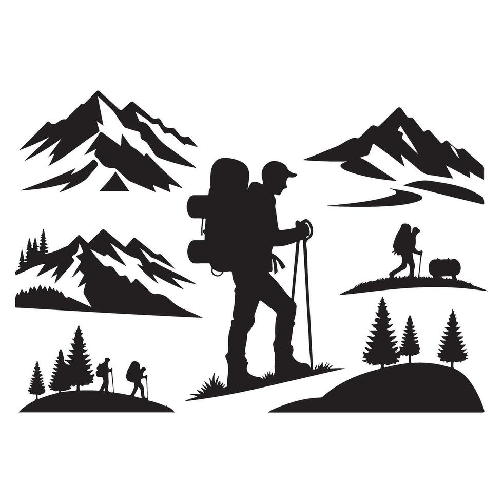 Silhouette of Hikers Trekking Mountains Adventure with Nature vector