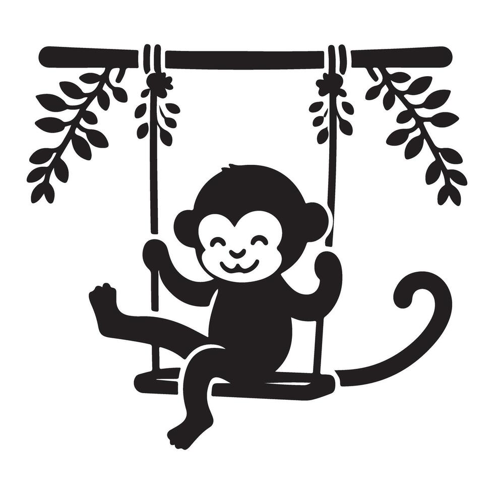 Playful Monkey on a Swing Black Silhouette Illustration vector