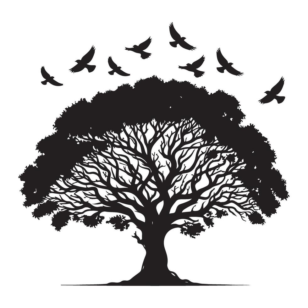 Majestic Tree Silhouette with Birds Soaring Illustration for Serenity Designs vector