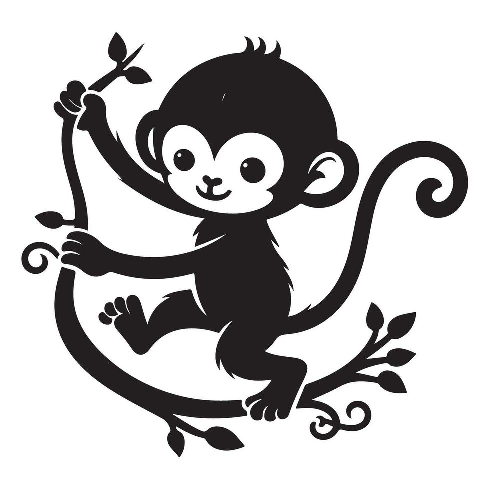 Cute Monkey Swinging on Vine Playful Animal Cartoon Illustration vector