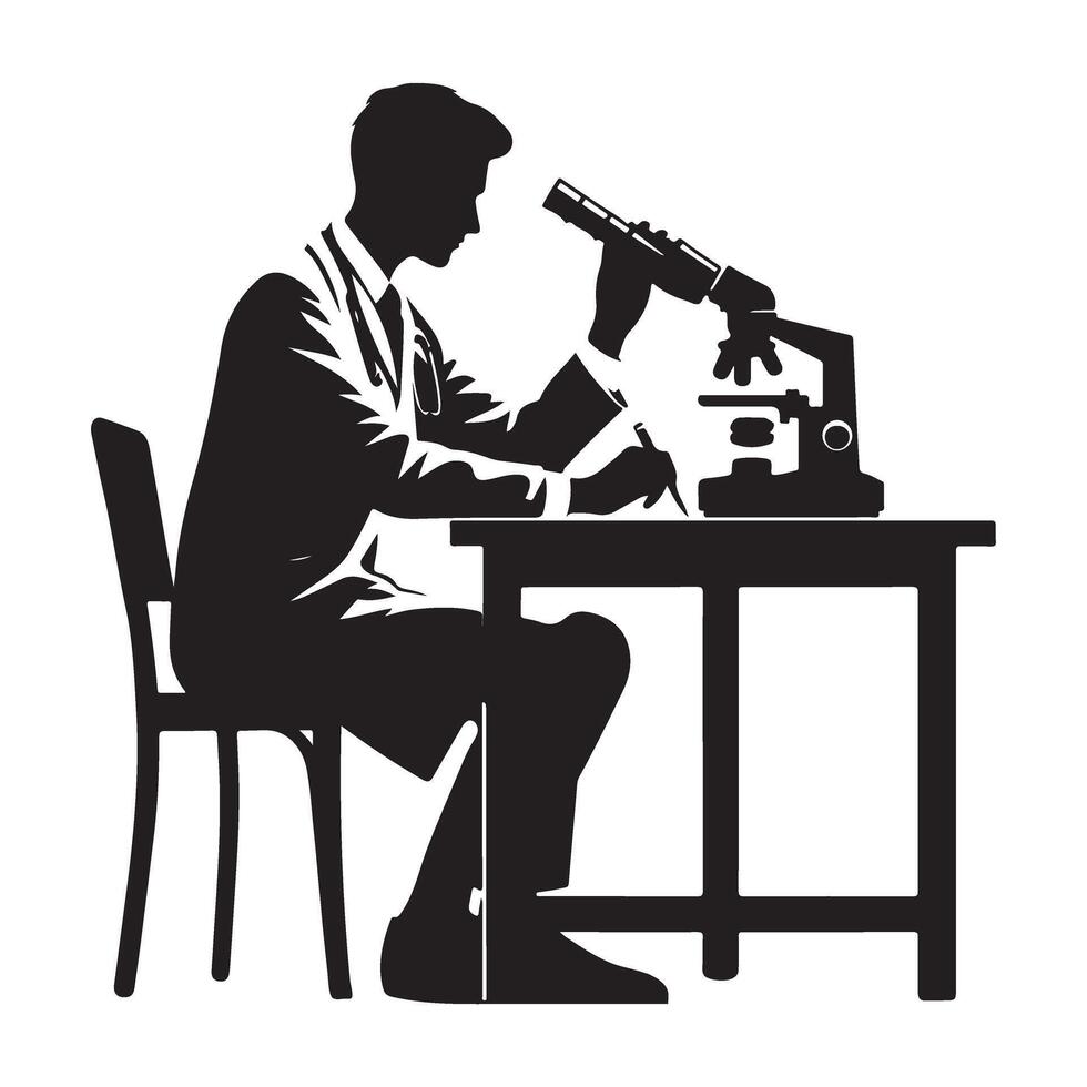 Dedicated Doctor Silhouette Inspecting with Microscope Medical Illustration vector