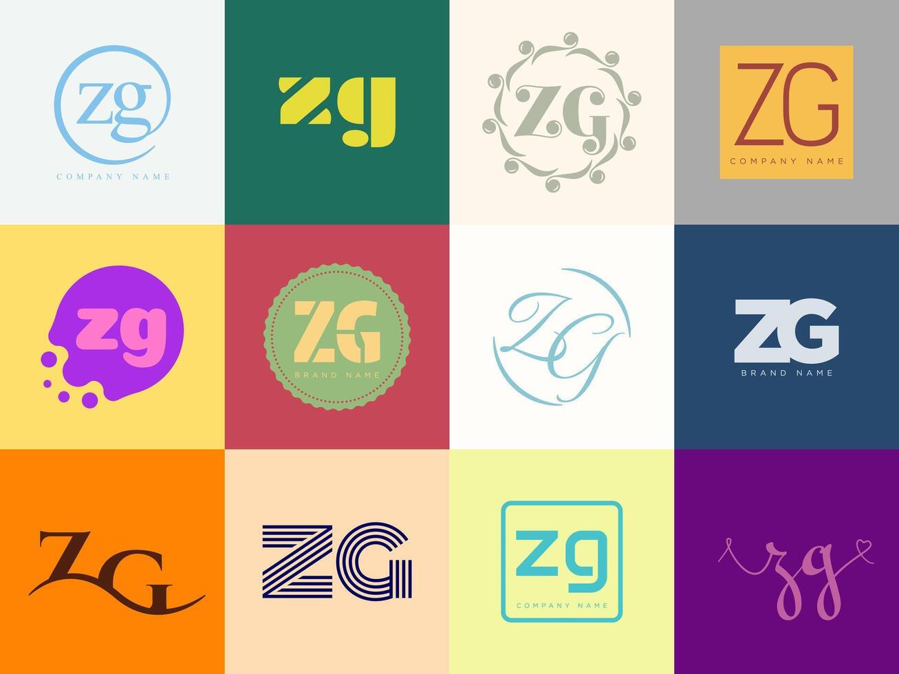 ZG logo company template Letter z and g logotype. Set different classic serif lettering and modern bold text with design elements. Initial font typography. vector