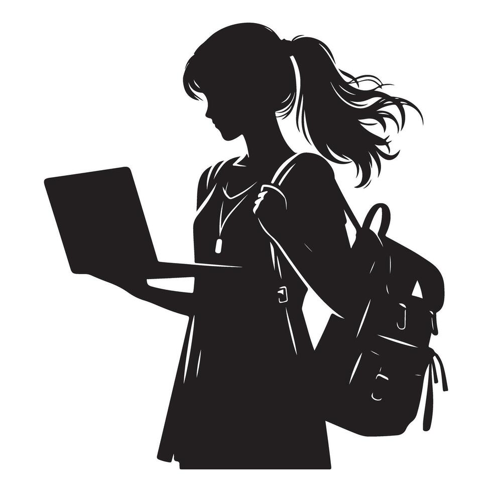 Student Silhouette Illustration Girl Studying with Laptop and Backpack vector