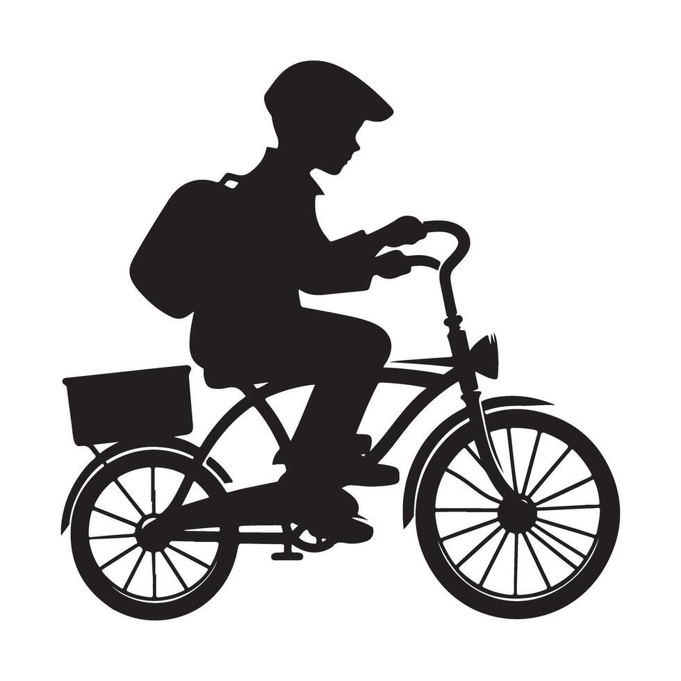 Silhouette Boy Riding Bicycle with Basket and Backpack Art vector