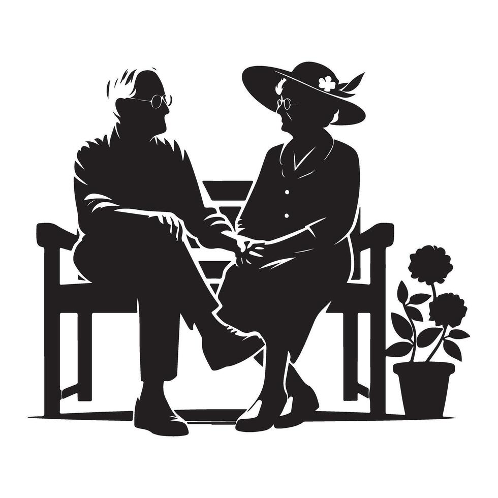 Elderly Couple Silhouette Enjoying Peaceful Retirement on Park Bench Graphic vector