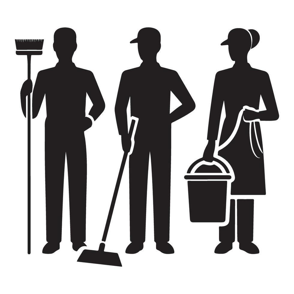 Cleaning Staff Silhouette Art Professional Janitorial Services Design vector