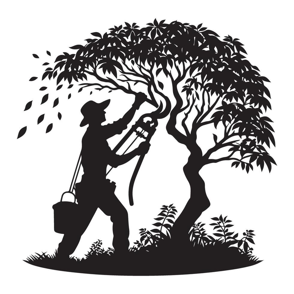 Gardener pruning tree branches silhouette image outdoor work vector