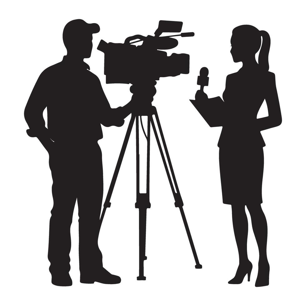 Silhouette News Anchor Reporting and Interviewing with Camera Team vector