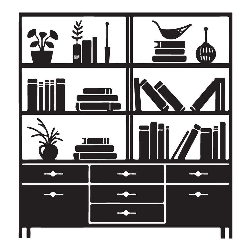 Modern Bookshelf Silhouette Design with Decor and Drawers vector