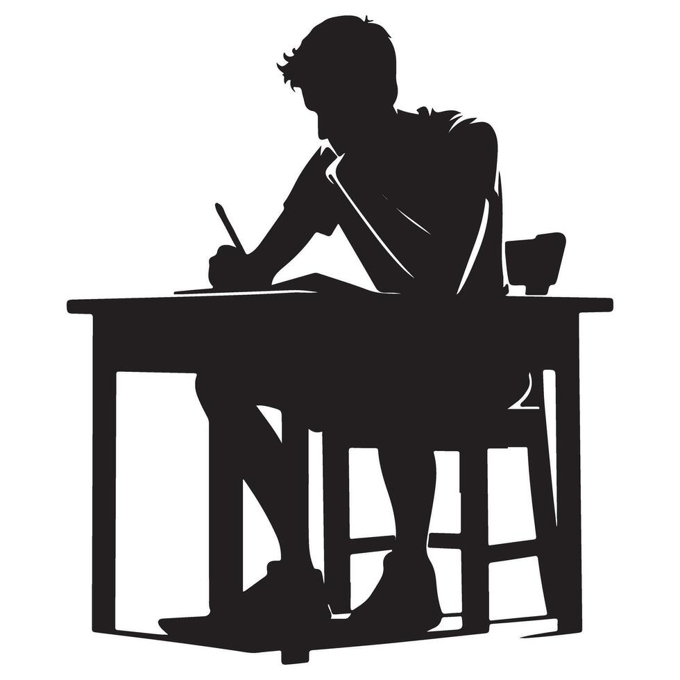 Silhouette of a Student Studying and Writing at Desk for Exams vector