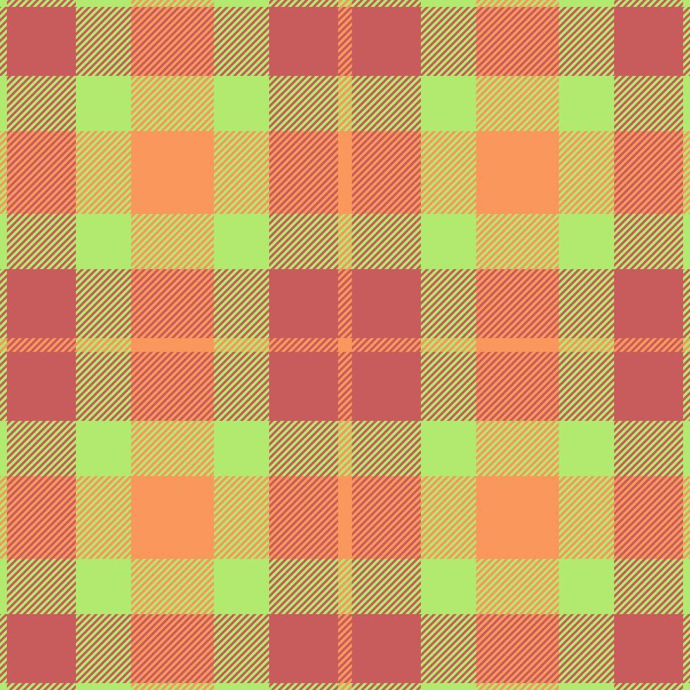 Vibrant plaid pattern in green, red, and orange hues. A classic textile design perfect for backgrounds, fabrics, or creating a rustic, homespun aesthetic. vector