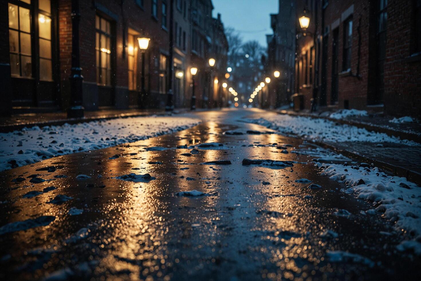 Serene Snowy Brick Street at Night with Warm Reflections photo