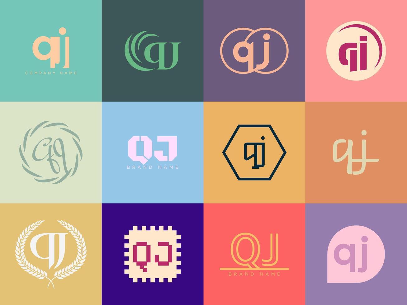 QJ logo company template. Letter q and j logotype. Set different classic serif lettering and modern bold text with design elements. Initial font typography. vector